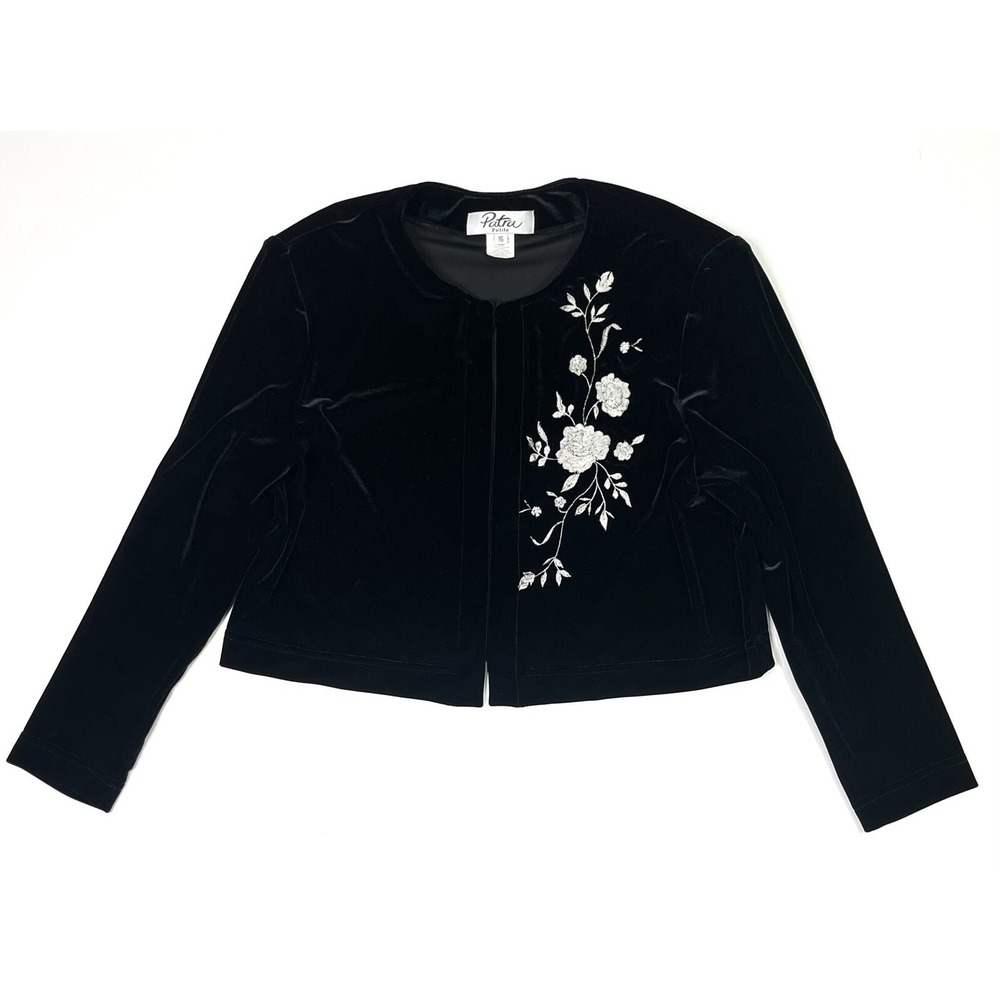 Patra Petites Top Women's Size 16 Black Velvet Blouse Floral Vintage
